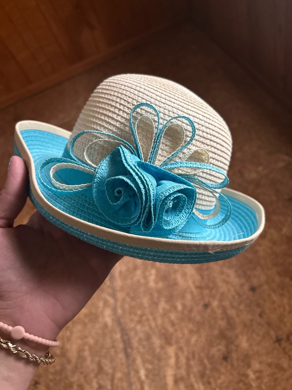 Turquoise and Cream Decorative Straw Hat - Brand